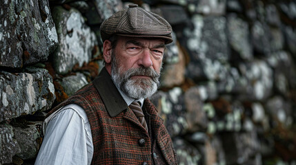 Obraz premium A man in traditional Irish attire with a tweed cap and vest, standing in front of a historic stone wall.