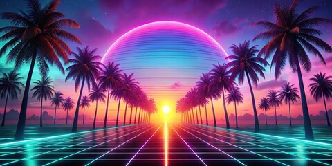 Fototapeta premium Worm's eye view abstract background with neon glow futuristic landscape with palm trees, sun, clouds, synthwave, retrowave, vaporwave