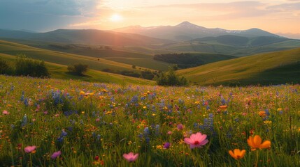 Fototapeta premium Alpine meadow in spring, blooming wildflowers, rolling green hills, sunlit scene, serene and vibrant, natural beauty, ideal for spring photography, AI Generative
