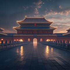 The grand architecture of the Forbidden City in Beijing, glowing softly under lantern-lit skies.