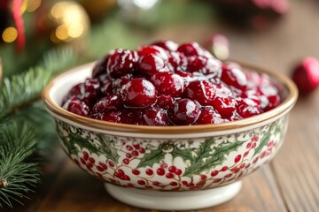 Bowl of Red Cranberry Sauce with Holiday Decorations