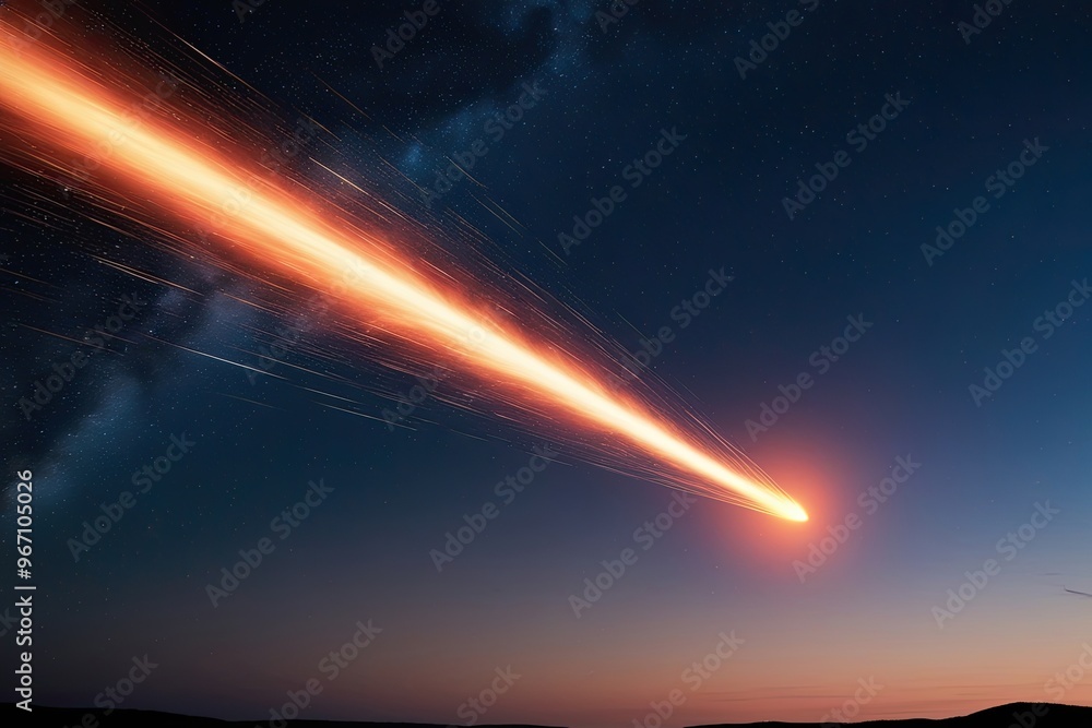 Poster a mesmerizing orange meteor blazing through the twilight with a fiery tail for astronomy presentatio
