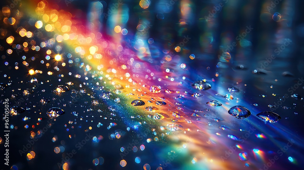 Poster a vibrant display of colors reflecting on a wet surface, adorned with droplets that create a stunnin