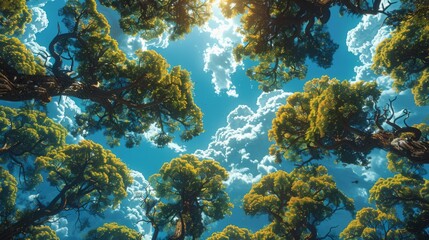Fototapeta premium Italian tree tops, looking up perspective, lush green foliage, vibrant and detailed, serene and natural, AI Generative