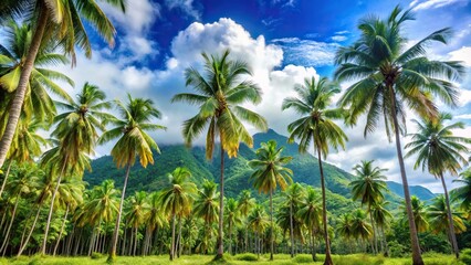 Naklejka premium Worm's eye view of coconut trees with green mountain, blue sky, white clouds