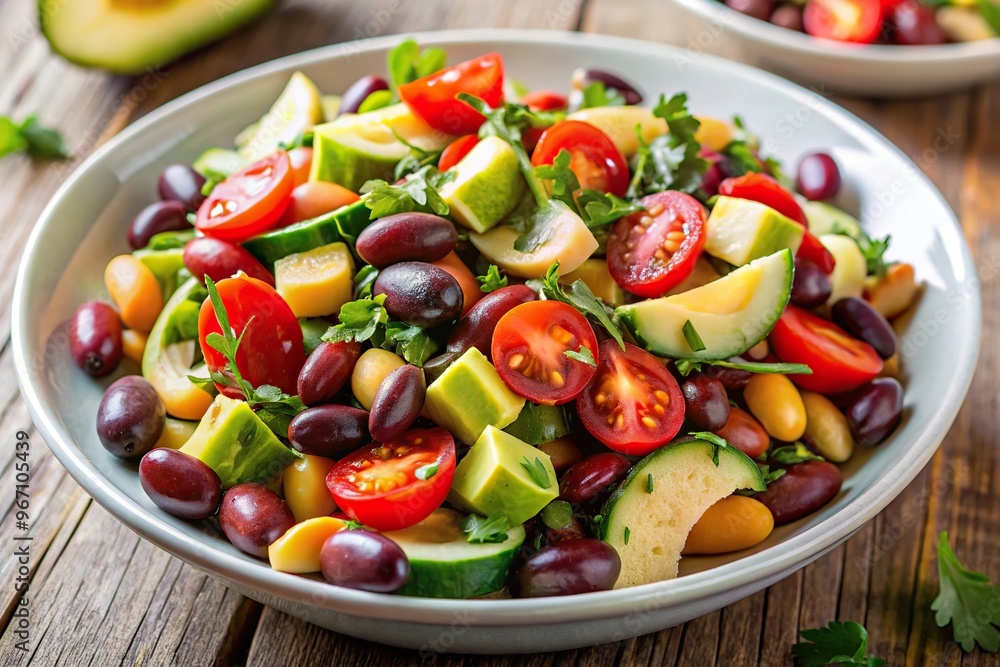 Wall mural worm's eye view of fresh beans salad with avocado, tomatoes, olives, and capsicum