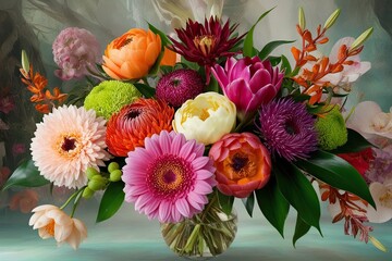 Vibrant Collage of Exotic Blooms in an Ethereal Background with Depth and Artistic Arrangement
