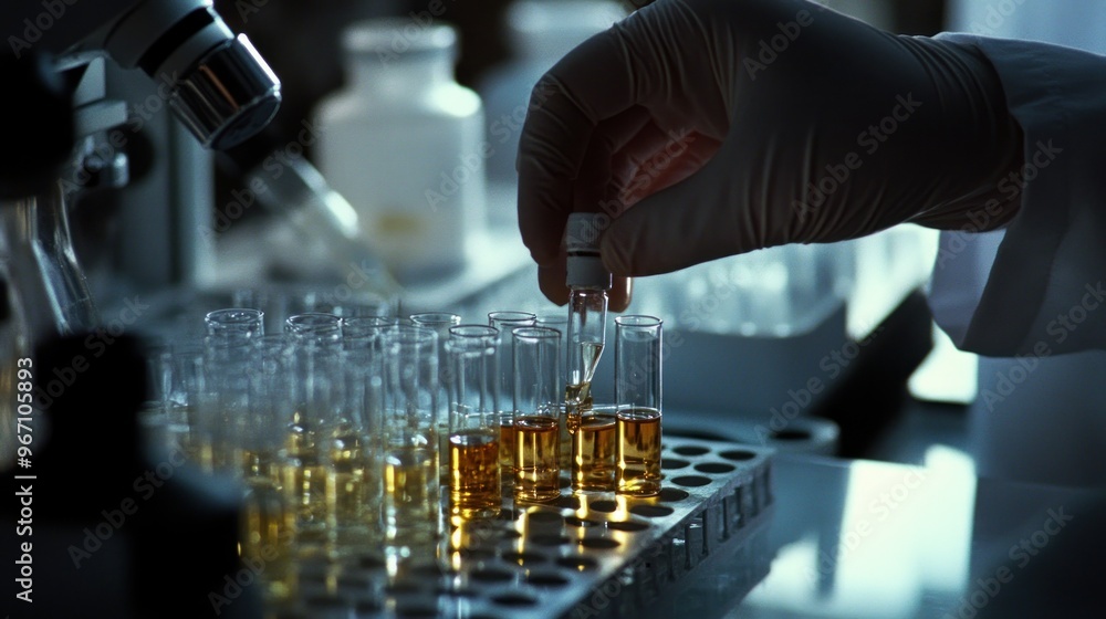 Poster gloved hand adding liquid to test tubes in a laboratory setting