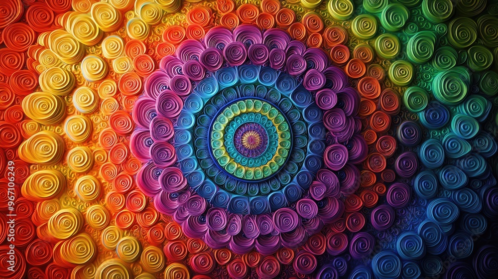 Poster vibrant circular pattern creating a mesmerizing spiral of colors, ideal for backgrounds, art project