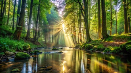 Obraz premium Worm's eye view of sunlight filtering through tall trees illuminating serene stream in lush forest during early morning