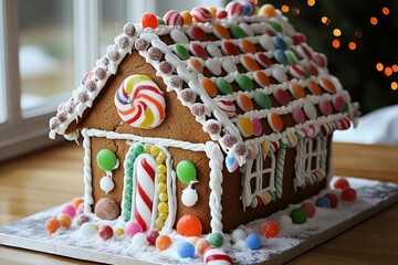 Decorated Gingerbread House with Candy and Frosting