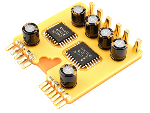 a yellow circuit board with black and silver circles