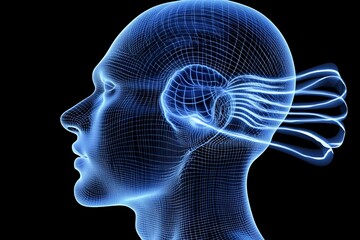 Obraz premium Neurogenesis cognitive analytics cognition enhancement and cognitive architecture futuristic blue head silhouette with concentric energy waves visualizing auditory processing