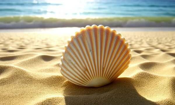 a sea shell on the beach sand with very sunny weather