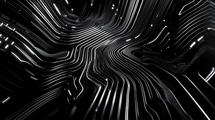 Monochromatic digital lines overlapping in symmetrical patterns in a futuristic cyber interface