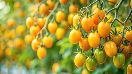 yellow cherry tomatoes on the plant with selective focus and leading lines