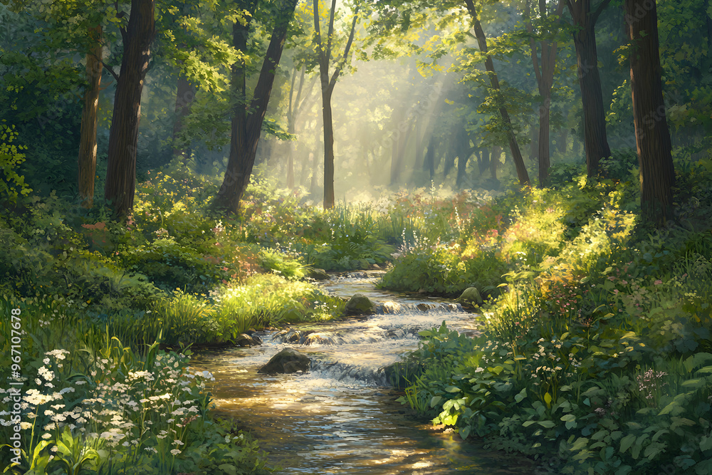 Sticker sunlight streams through the trees, illuminating a babbling brook in a lush forest.