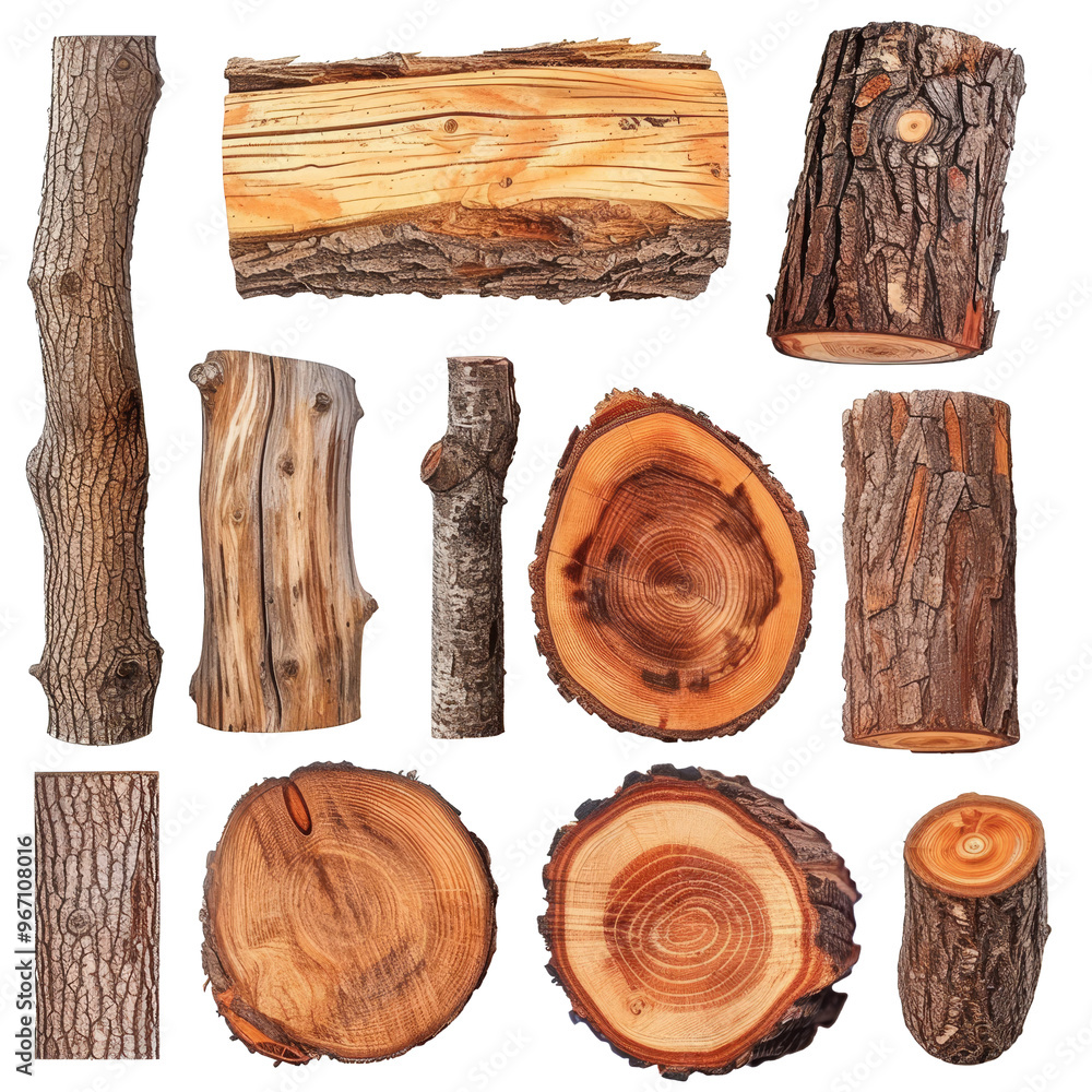 Aufkleber collection of various logs and wood pieces displaying unique textures and patterns on a plain backgr
