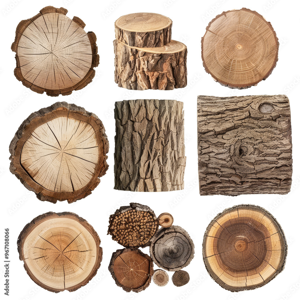 Poster various types of cross-section tree stumps displayed against a transparent background, showcasing di
