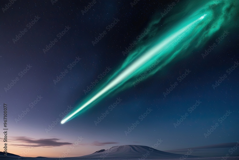 Poster emerald comet with icy tail gliding through twilight sky in outer space