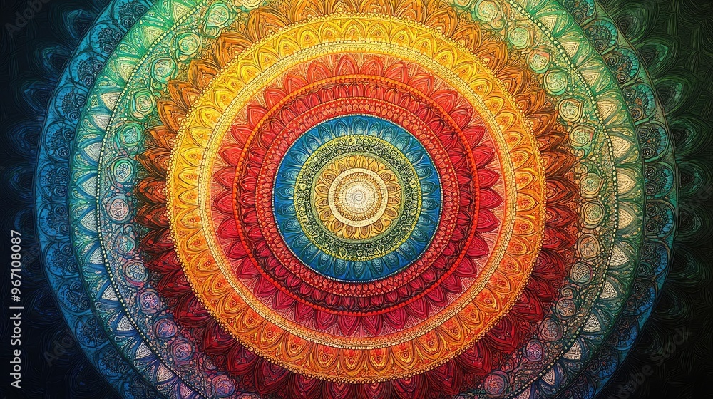 Poster a vibrant mandala depicting intricate patterns and a spectrum of colors, symbolizing harmony and bal