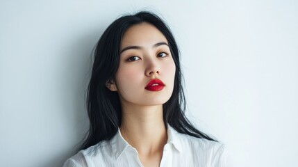 Close-up portrait of a woman with long black hair and red lipstick