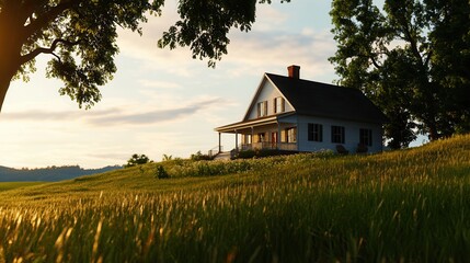 A charming house surrounded by lush green fields, basking in the warm glow of a sunset, ideal for peaceful rural living.