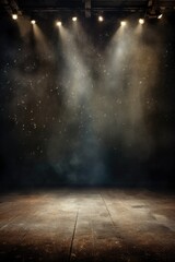 Grunge studio background with spotlights shining down and dust in the air