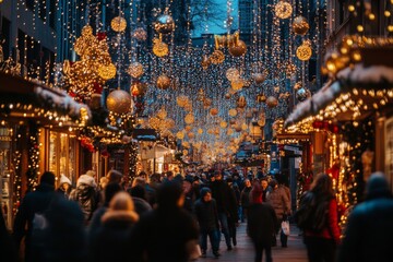 Fototapeta premium Festive Street Market with Christmas Lights and Decorations