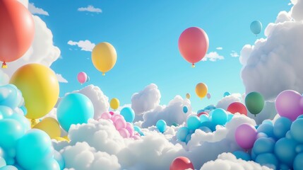 Colorful Hot Air Balloons in Cloudy Sky Illustration â€“ Vibrant Sky Adventure with Balloons and Clouds