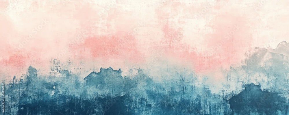 Poster a serene abstract landscape blending soft pink and deep blue hues, creating a tranquil and calming a