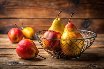Yellow red pear on wooden table next to wire bowl with pears Low Angle