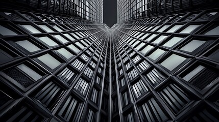 Obraz premium Symmetrical futuristic skyscrapers with overlapping reflective monochromatic windows