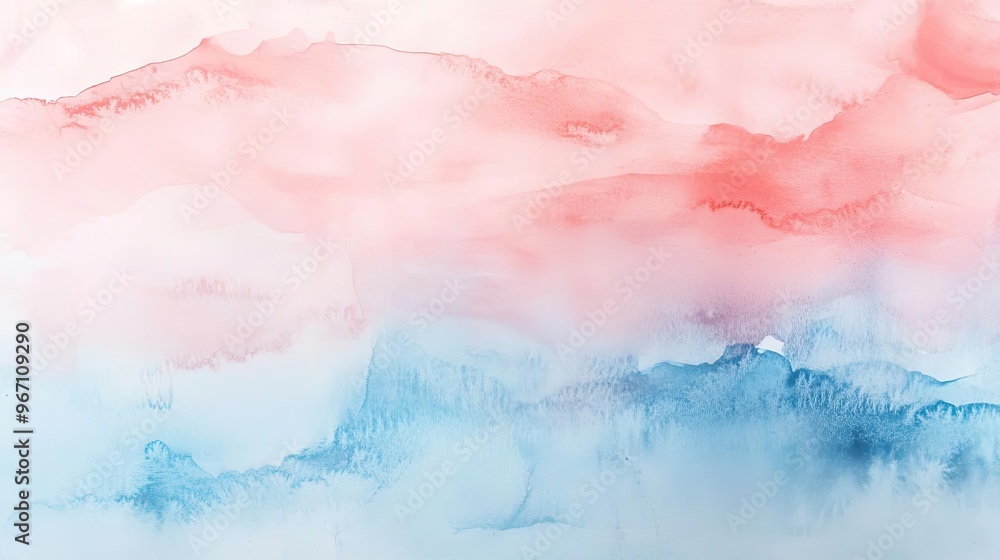 Poster a serene watercolor landscape with soft red and blue hues blending harmoniously, creating a tranquil