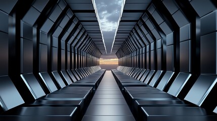 Fototapeta premium Symmetrical futuristic landscape with overlapping monochrome technology in perfect alignment