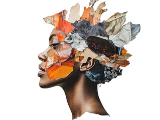 a woman's face with colorful pieces of paper