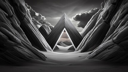 Symmetrical monochrome landscape with overlapping rock formations and futuristic lighting effects