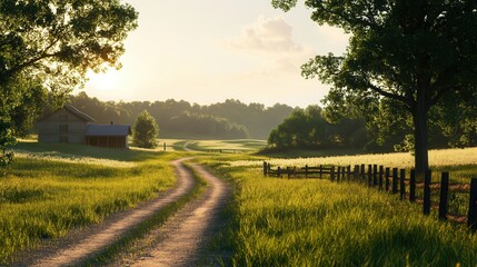 Fototapeta premium A serene rural landscape featuring a winding dirt path, lush green grass, and a charming under a bright sky.