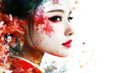 Watercolor Portrait of a Woman with Red Lipstick and Flowers