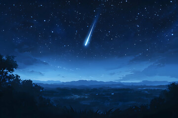 Night sky with a shooting star over a mountain range.