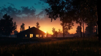 Fototapeta premium A tranquil sunset scene featuring a cozy house surrounded by trees, casting a warm glow in the evening sky.