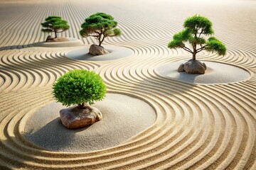 Zen garden with raked sand dunes resembling ocean waves and minimalist bonsai islands