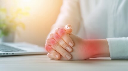 Close-up of hand with wrist pain from prolonged computer use highlighting carpal tunnel or repetitive strain injury