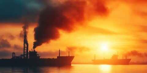 Silhouettes of industrial ships against a vibrant sunset, showcasing the beauty and impact of maritime transportation.