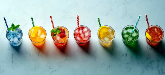 Refreshing fruit cocktails with orange, mint, berries and ice. Drinks with paper straws on light background. Drinking Straw Day. Horizontal banner. Copy space. World cocktail day