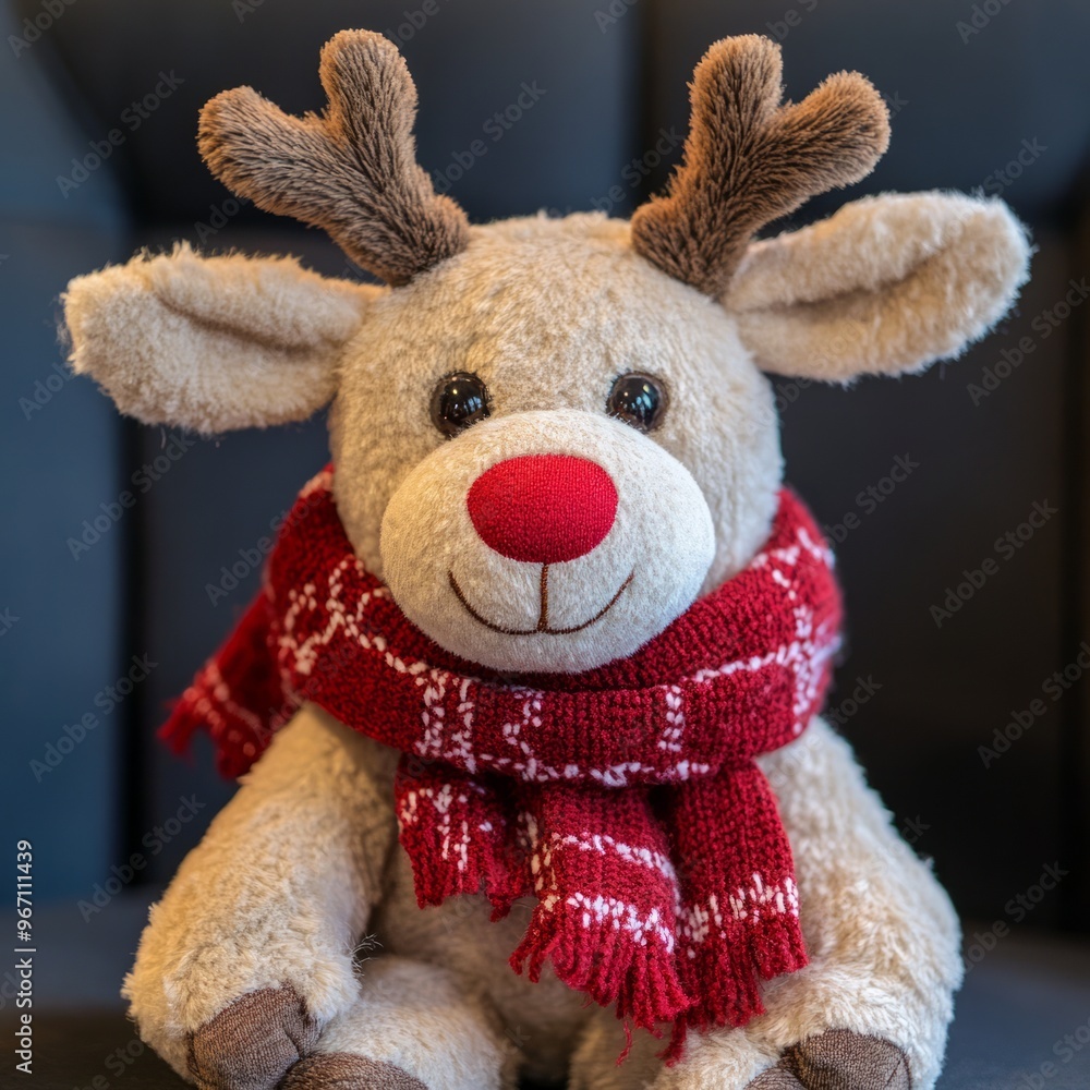 Wall mural A plush reindeer toy with a red scarf sits on a dark background.