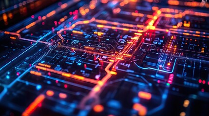 A close-up of a subway map illuminated by neon lights, highlighting the intricate network of lines and stations.
