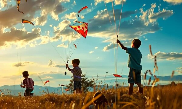Kids flying kites for National Pepperoni Pizza Day, September 20th, enjoying a pizza picnic afterwards, hyperrealistic . Video