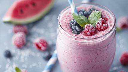 A vibrant pink watermelon smoothie with frozen berries and lime juice.