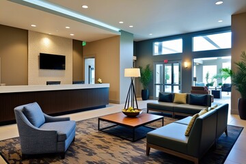 Fototapeta premium Elegant Hotel Lobby with Reception Desk and Zen Lounge Seating for a Welcoming Atmosphere